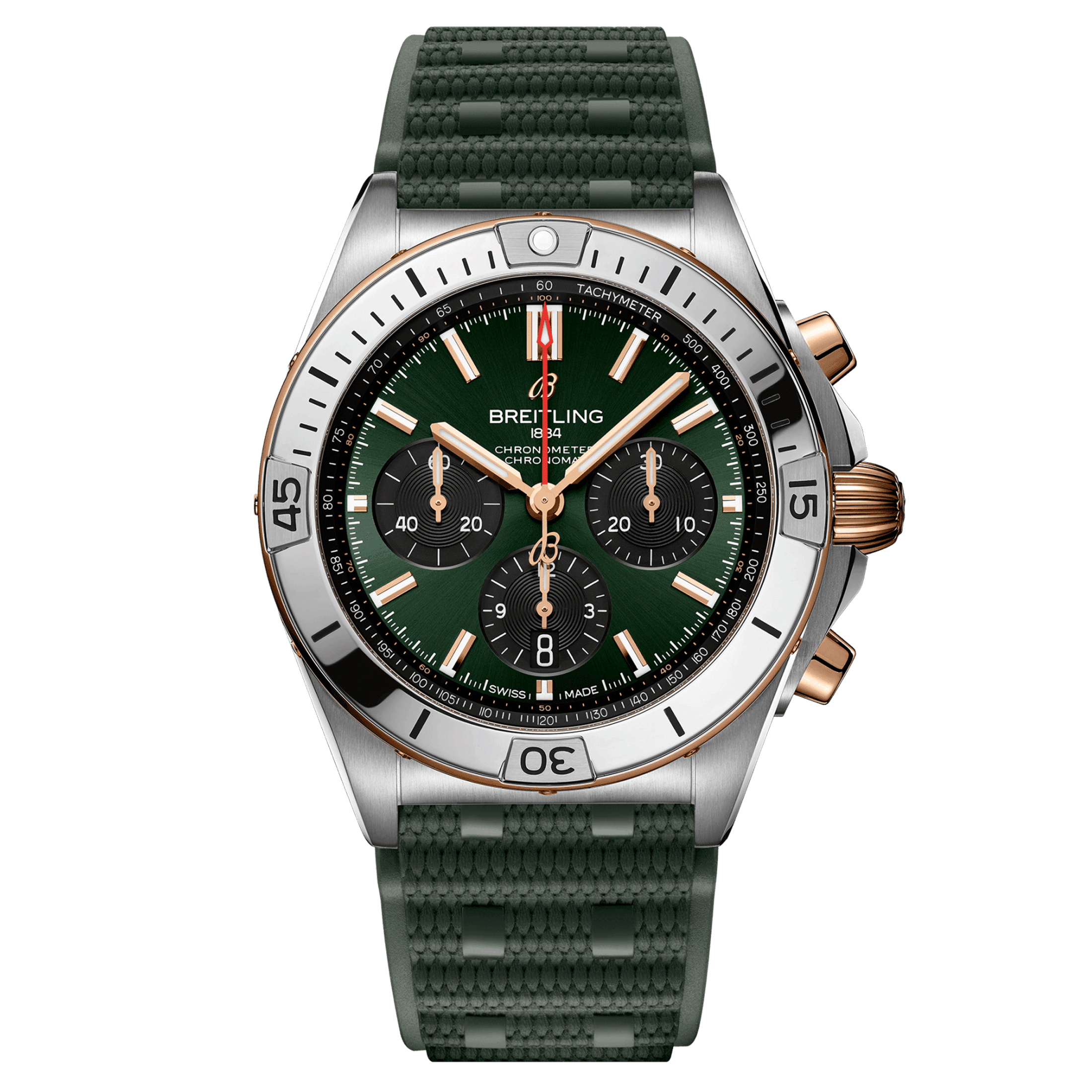 Montre Breitling Chronomat B01 Chronograph Or automatique cadran vert bracelet caoutchouc 42 mm UB0134131L1S1