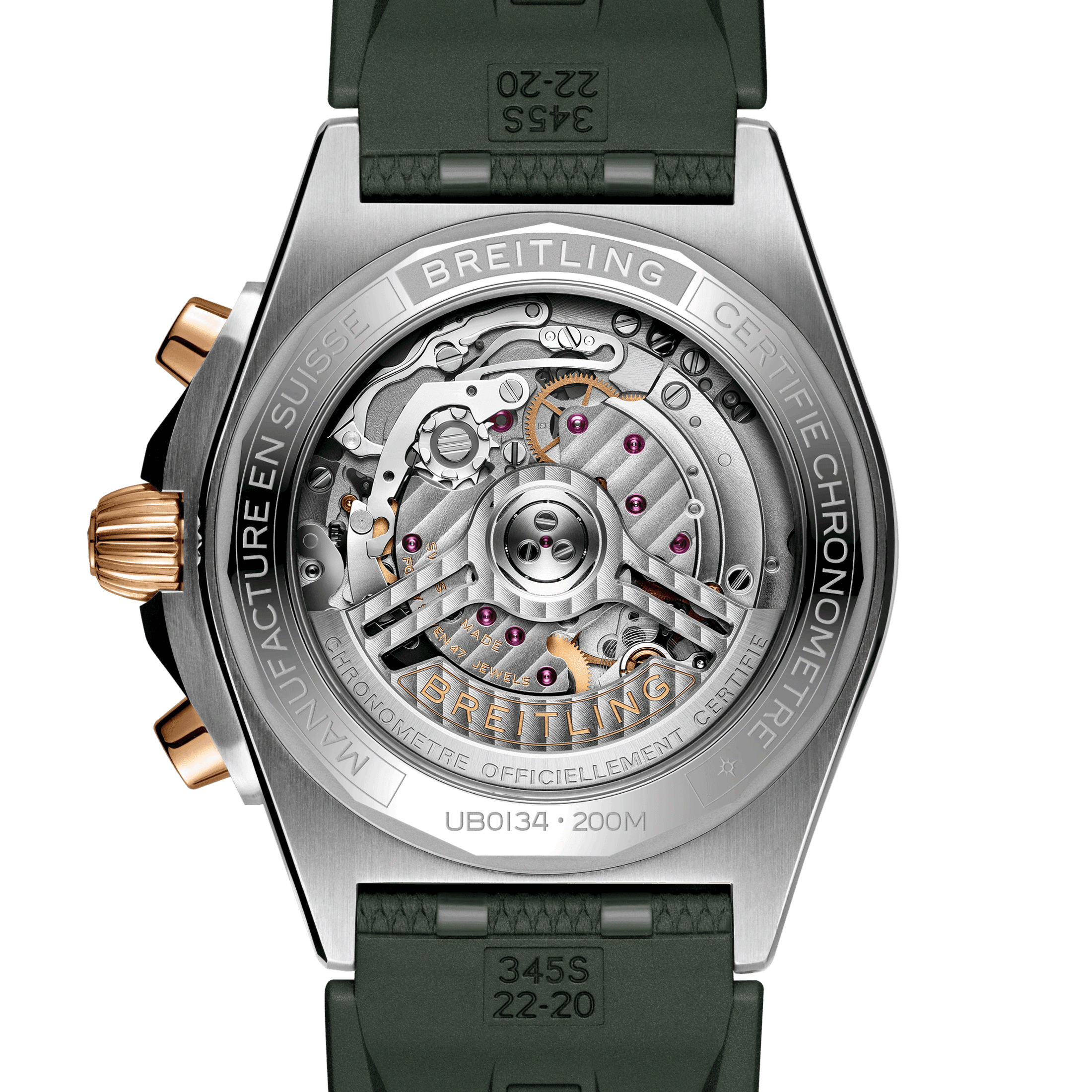 Montre Breitling Chronomat B01 Chronograph Or automatique cadran vert bracelet caoutchouc 42 mm UB0134131L1S1