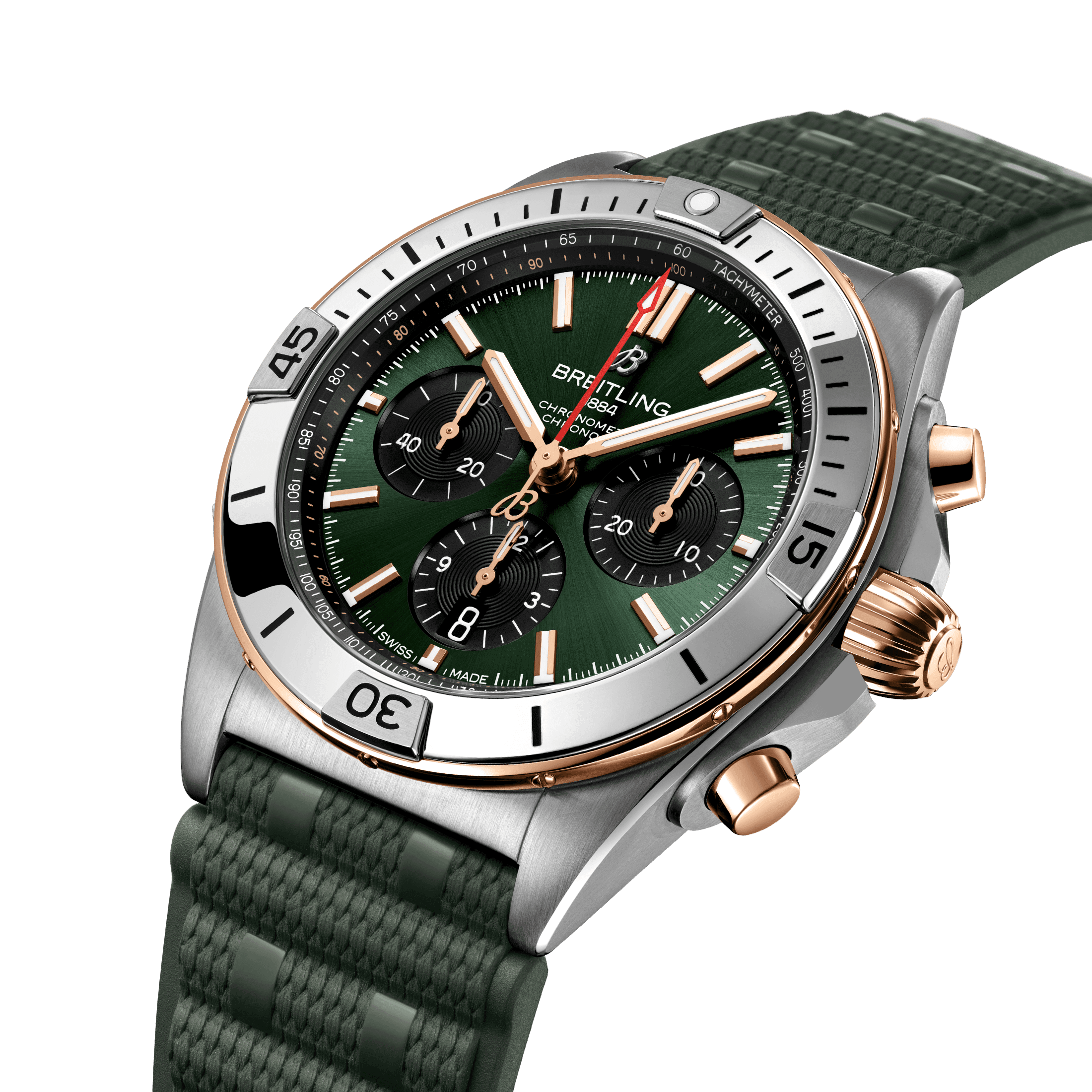 Montre Breitling Chronomat B01 Chronograph Or automatique cadran vert bracelet caoutchouc 42 mm UB0134131L1S1