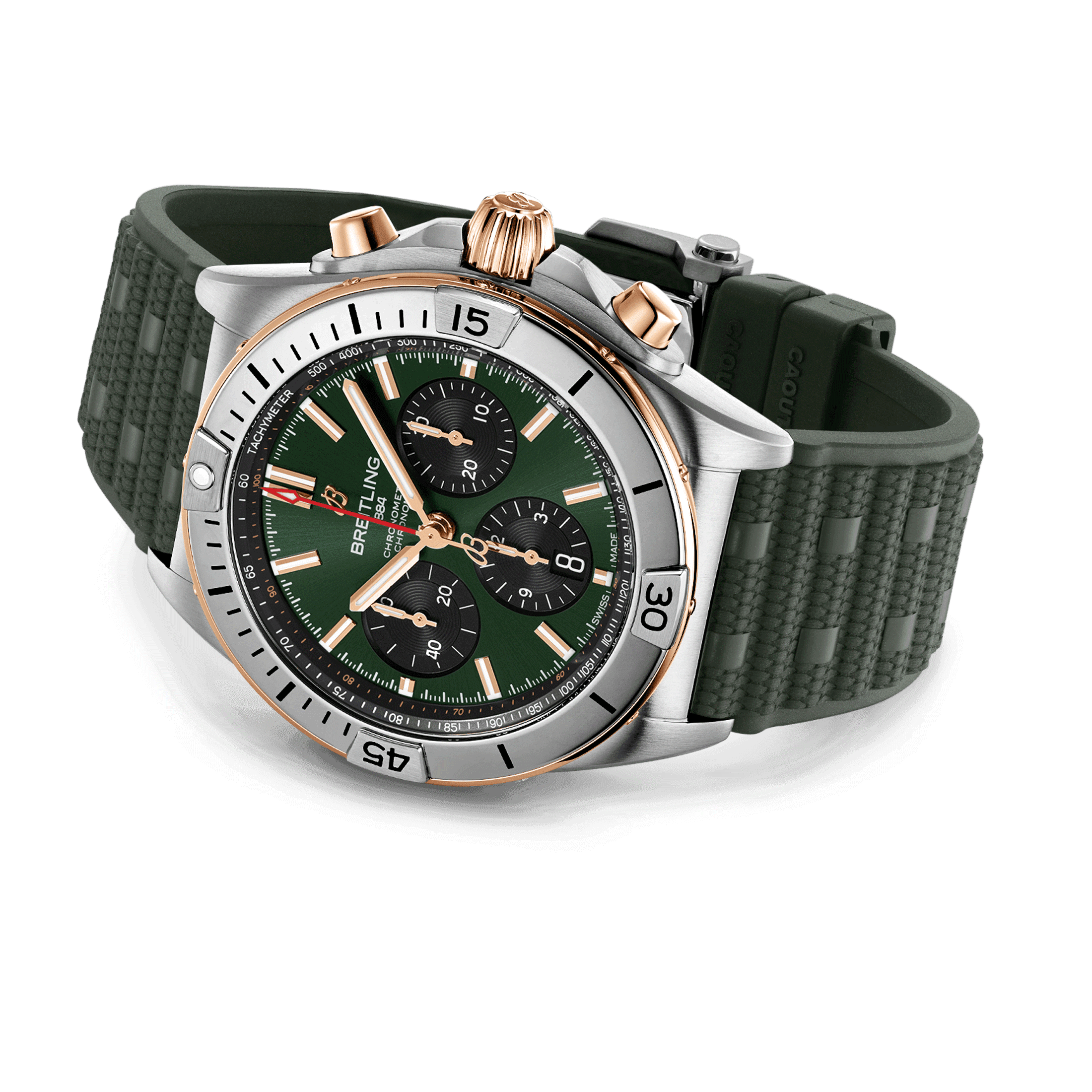 Montre Breitling Chronomat B01 Chronograph Or automatique cadran vert bracelet caoutchouc 42 mm UB0134131L1S1