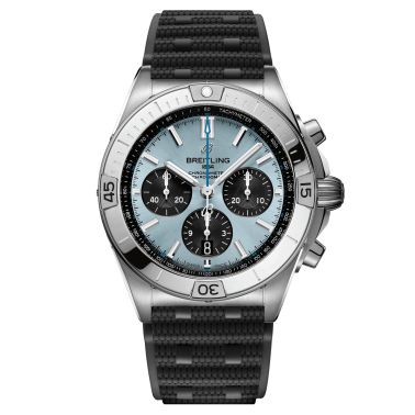 Montre Breitling Chronomat B01 Ice Blue automatique cadran bleu glacier bracelet caoutchouc rouleaux noir 42 mm PB0134101C1S2
