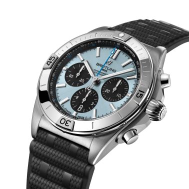 Breitling Chronomat B01 Ice Blue automatic watch glacier blue dial black rubber strap rollers 42 mm PB0134101C1S2