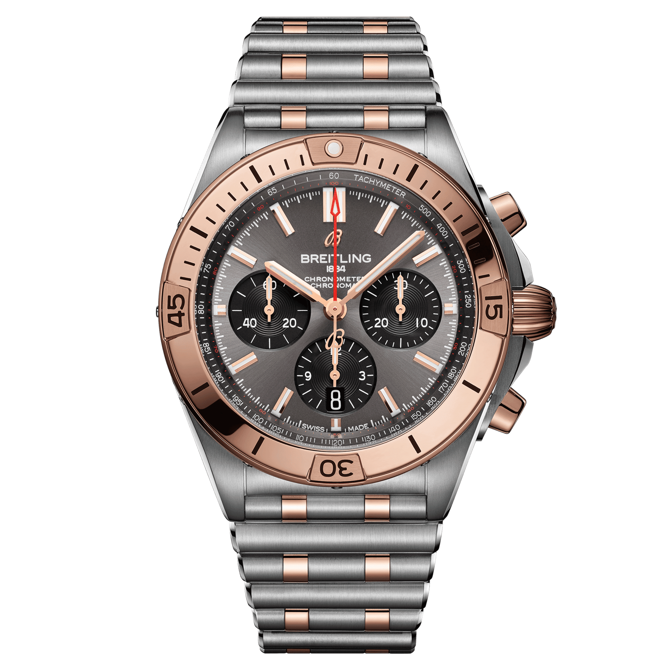 Montre Breitling Chronomat B01 Chronograpge Or automatique cadran anthracite bracelet acier et or rouge 42 mm UB0134101B1U1