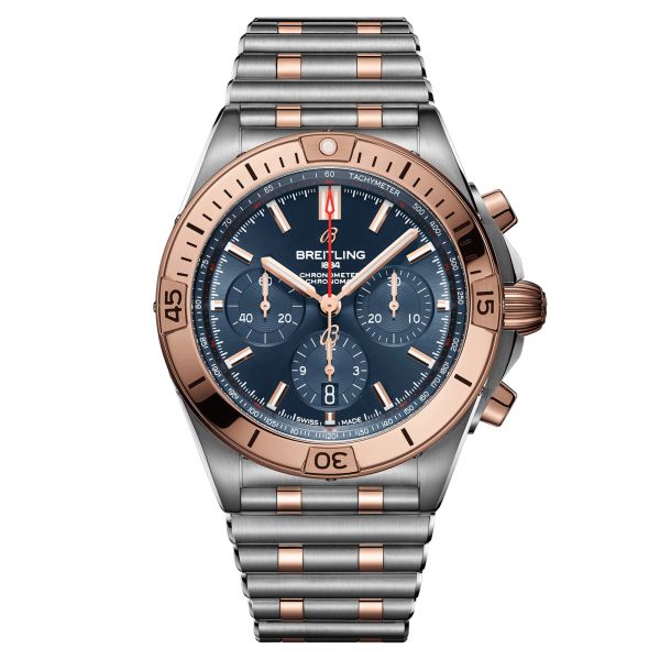 Montre Breitling Chronomat B01 Chronograpge Or automatique cadran bleu bracelet acier et or rouge 42 mm UB0134101C1U1