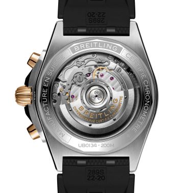 Montre Breitling Chronomat B01 Chronograpge Or automatique cadran anthracite bracelet caoutchouc noir 42 mm UB0134101B1S1