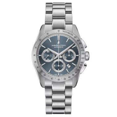 Montre Hamilton Jazzmaster Performer Chronographe automatique cadran bleu clair bracelet acier 42 mm