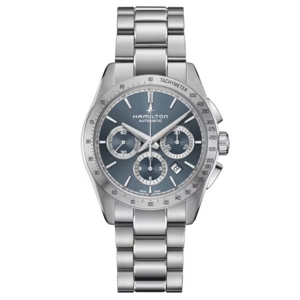 Montre Hamilton Jazzmaster Performer Chronographe automatique cadran bleu clair bracelet acier 42 mm