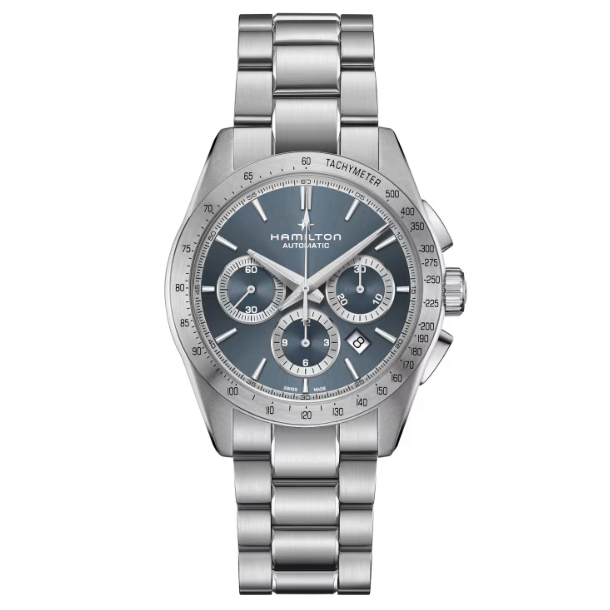 Montre Hamilton Jazzmaster Performer Chronographe automatique cadran bleu clair bracelet acier 42 mm