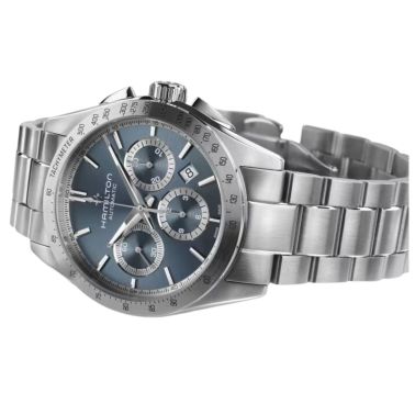 Montre Hamilton Jazzmaster Performer Chronographe automatique cadran bleu clair bracelet acier 42 mm