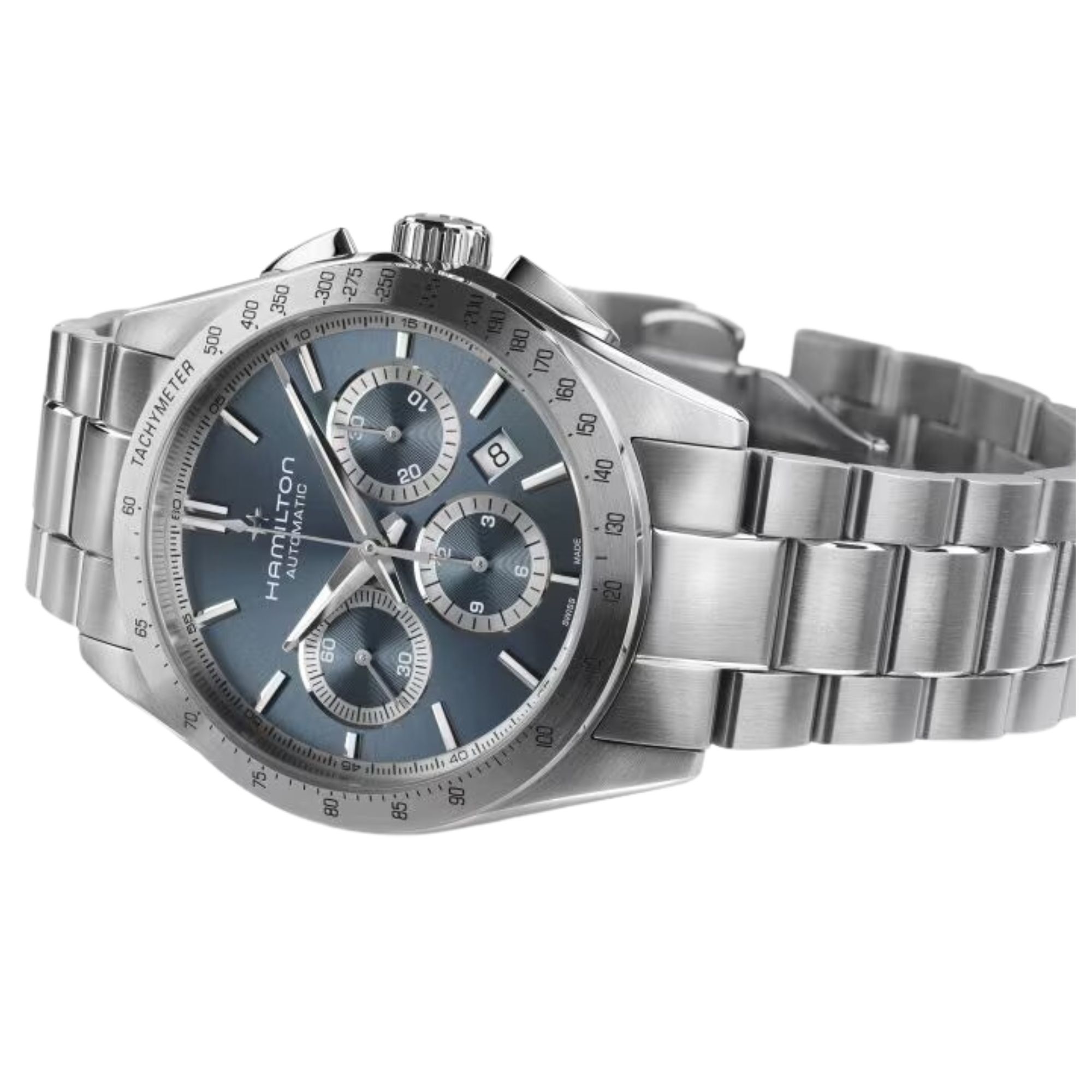 Montre Hamilton Jazzmaster Performer Chronographe automatique cadran bleu clair bracelet acier 42 mm