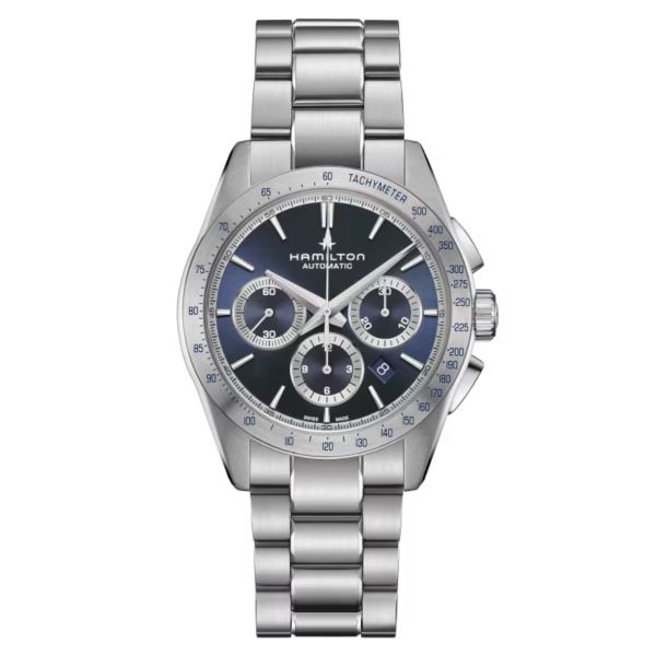 Montre Hamilton Jazzmaster Performer Chronographe automatique cadran bleu foncé bracelet acier 42 mm