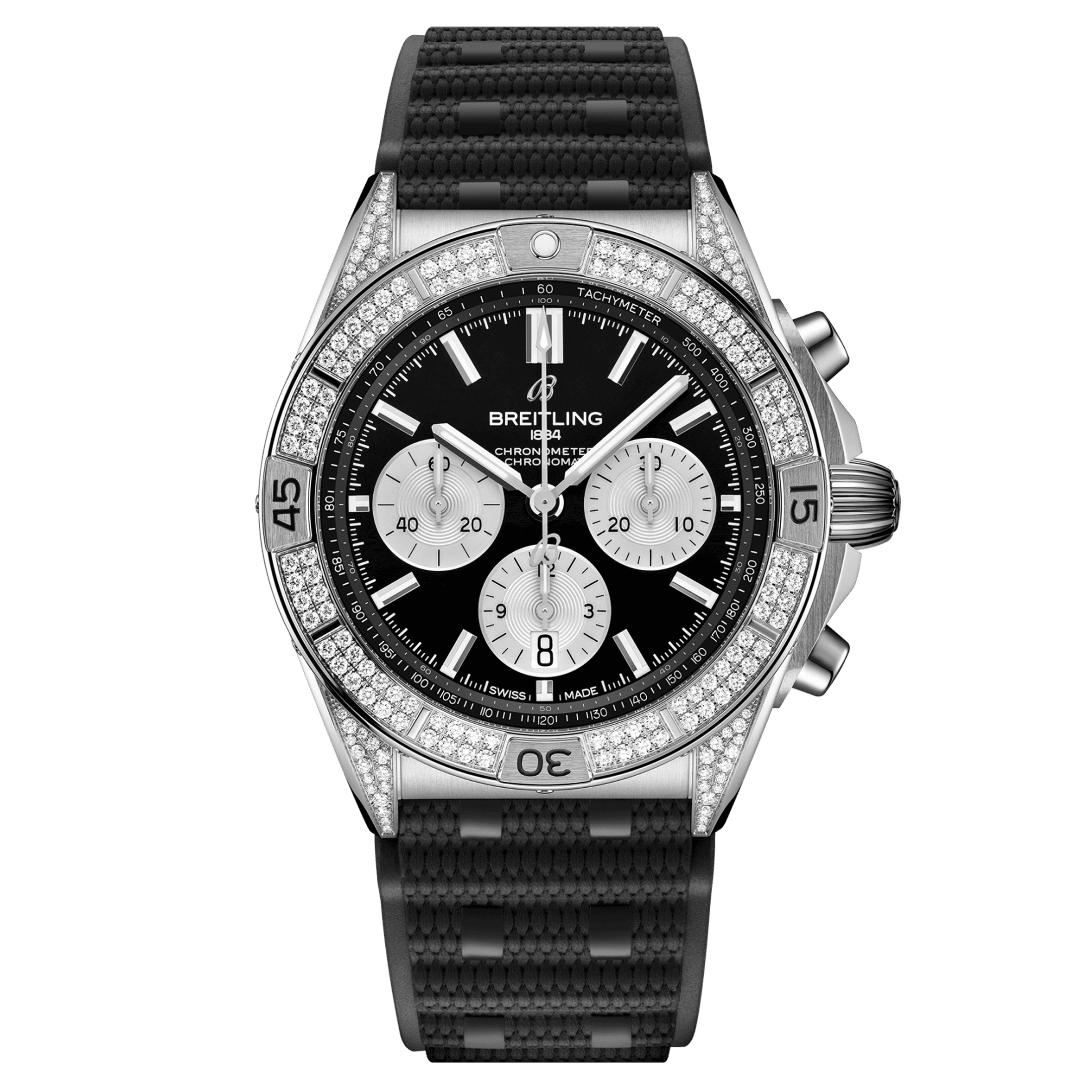 Montre Breitling Chronomat B01 Chronograph automatique lunette sertie cadran noir bracelet caoutchouc noir Rouleaux 42 mm AB0134