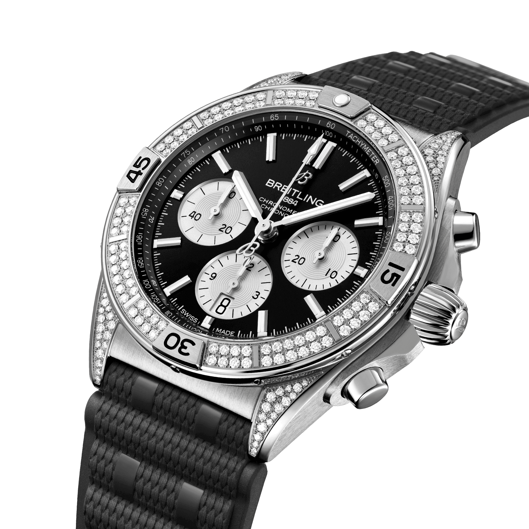 Montre Breitling Chronomat B01 Chronograph automatique lunette sertie cadran noir bracelet caoutchouc noir Rouleaux 42 mm AB0134