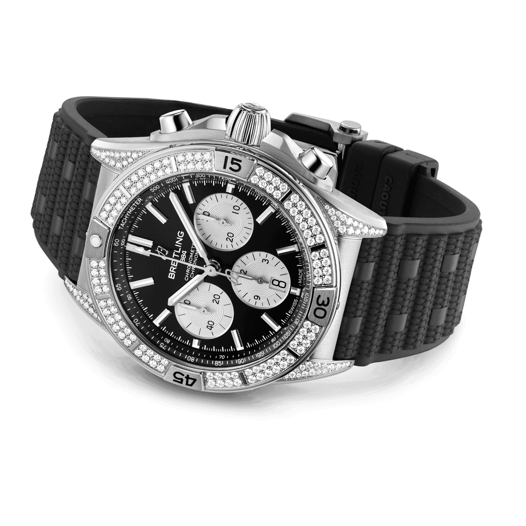 Montre Breitling Chronomat B01 Chronograph automatique lunette sertie cadran noir bracelet caoutchouc noir Rouleaux 42 mm AB0134