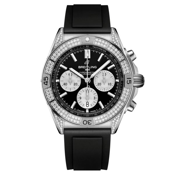 Montre Breitling Chronomat B01 Chronograph automatique lunette sertie cadran noir bracelet caoutchouc noir 42 mm AB0134721B1S1
