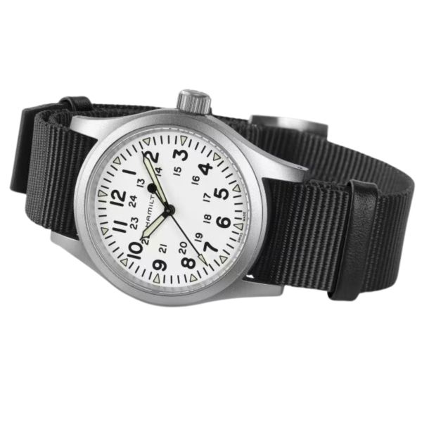 Montre Hamilton Khaki Field Mechanical cadran blanc bracelet NATO noir 38 mm