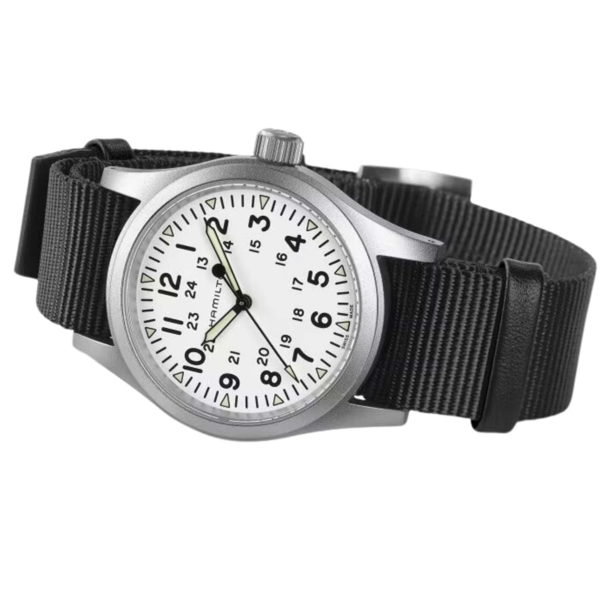 Montre Hamilton Khaki Field Mechanical cadran blanc bracelet NATO noir 38 mm