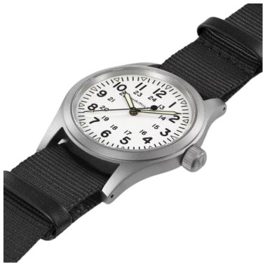 Montre Hamilton Khaki Field Mechanical cadran blanc bracelet NATO noir 38 mm