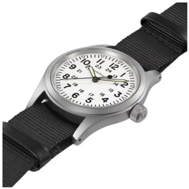 Montre Hamilton Khaki Field Mechanical cadran blanc bracelet NATO noir 38 mm