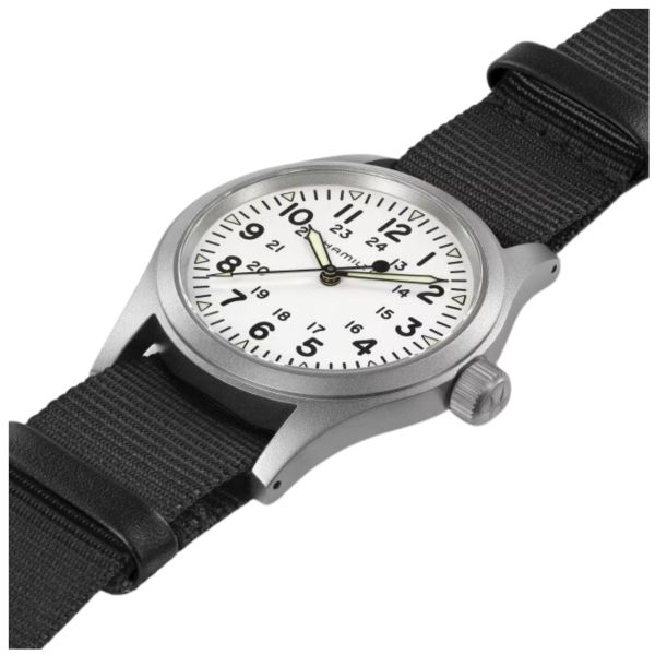 Montre Hamilton Khaki Field Mechanical cadran blanc bracelet NATO noir 38 mm