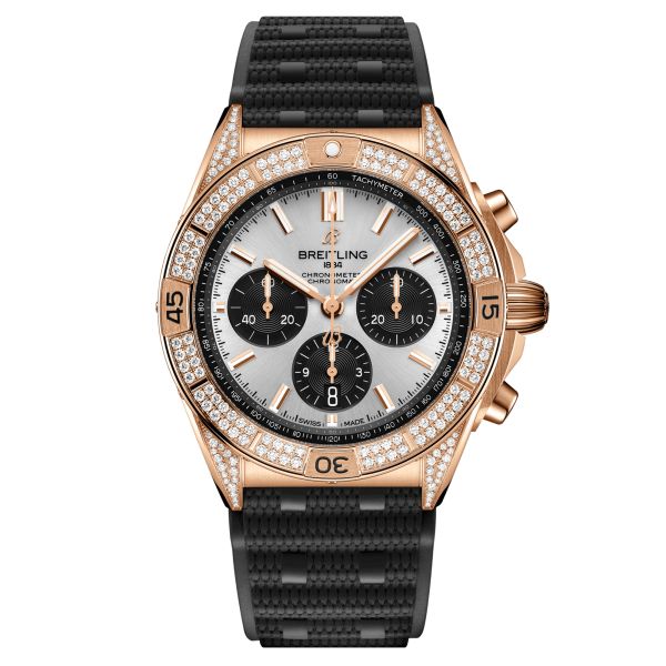 Montre Breitling Chronomat B01 Chronograph Or rose automatique lunette sertie cadran argent bracelet caoutchouc noir 42 mm RB013