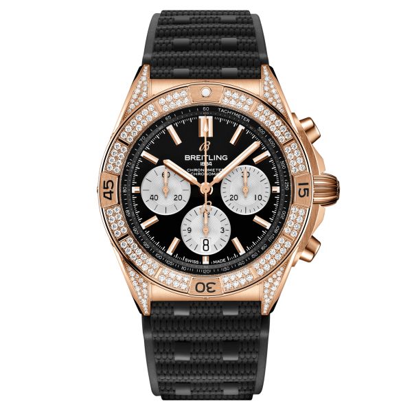 Montre Breitling Chronomat B01 Chronograph Or rose automatique lunette sertie cadran noir bracelet caoutchouc noir 42 mm RB01347