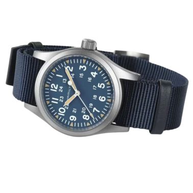 Montre Hamilton Khaki Field Mechanical cadran bleu bracelet NATO bleu 38 mm