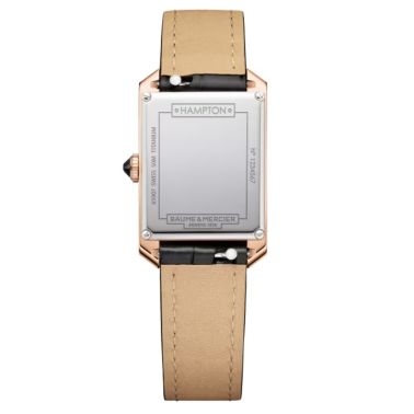 Montre Baume et Mercier Hampton Or Rose quartz cadran blanc bracelet cuir noir 35 x 22 mm
