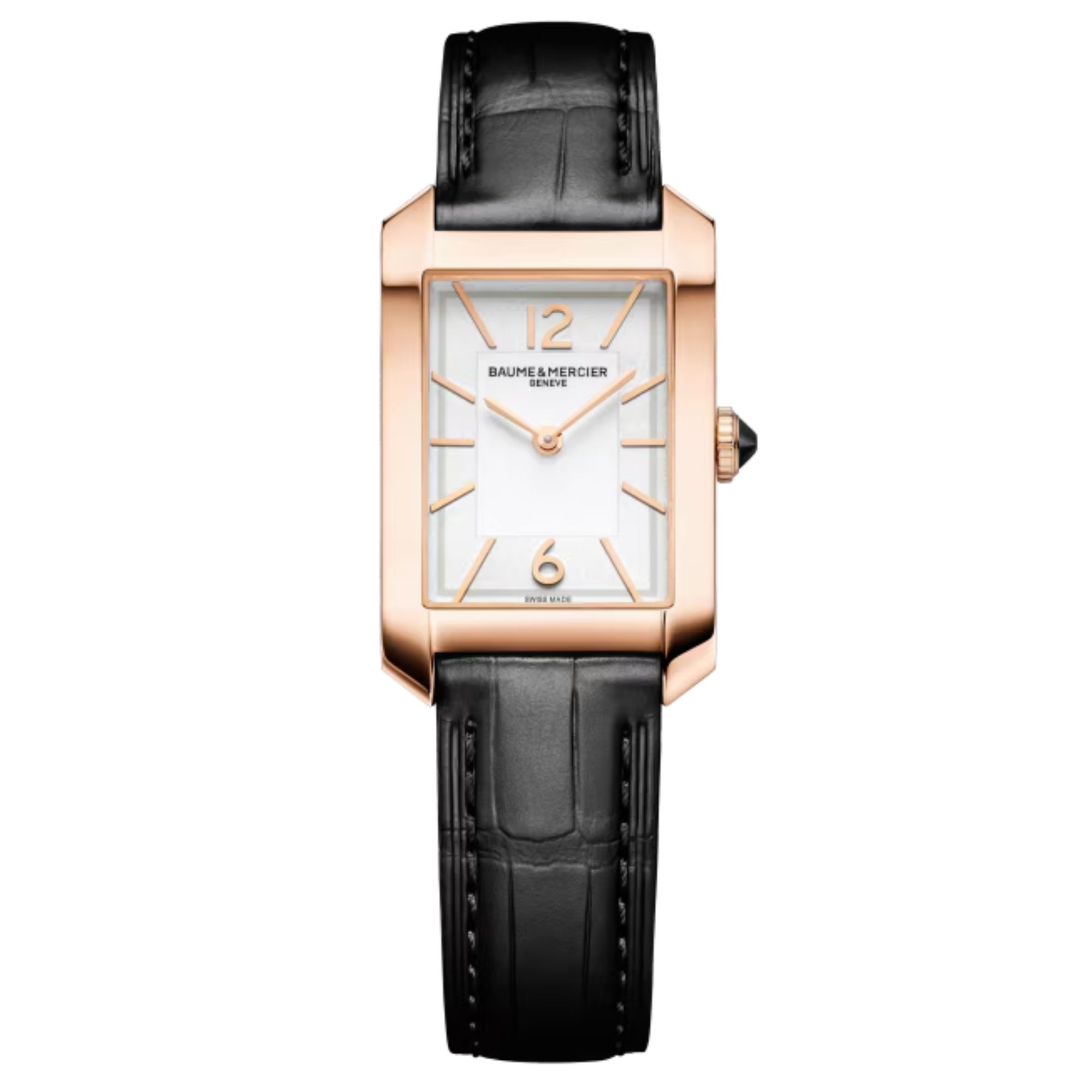 Montre Baume et Mercier Hampton Or Rose quartz cadran blanc bracelet cuir noir 35 x 22 mm