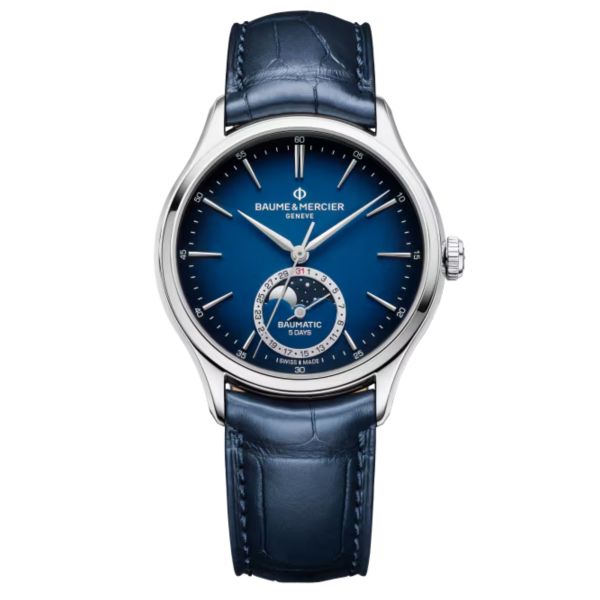 Baume et Mercier Clifton Baumatic Moonphase automatique watch blue dial blue leather strap 39 mm