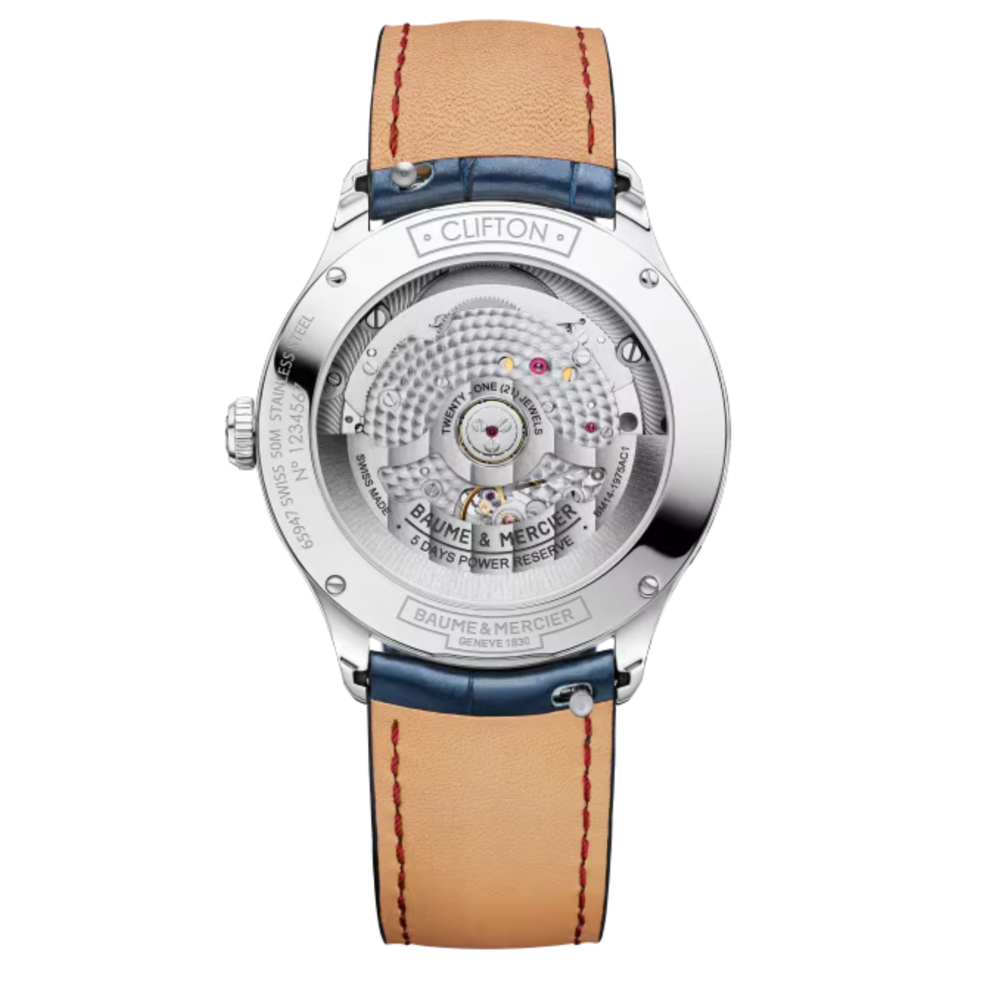 Montre Baume et Mercier Clifton Baumatic Phase de Lune automatique cadran bleu bracelet cuir bleu 39 mm