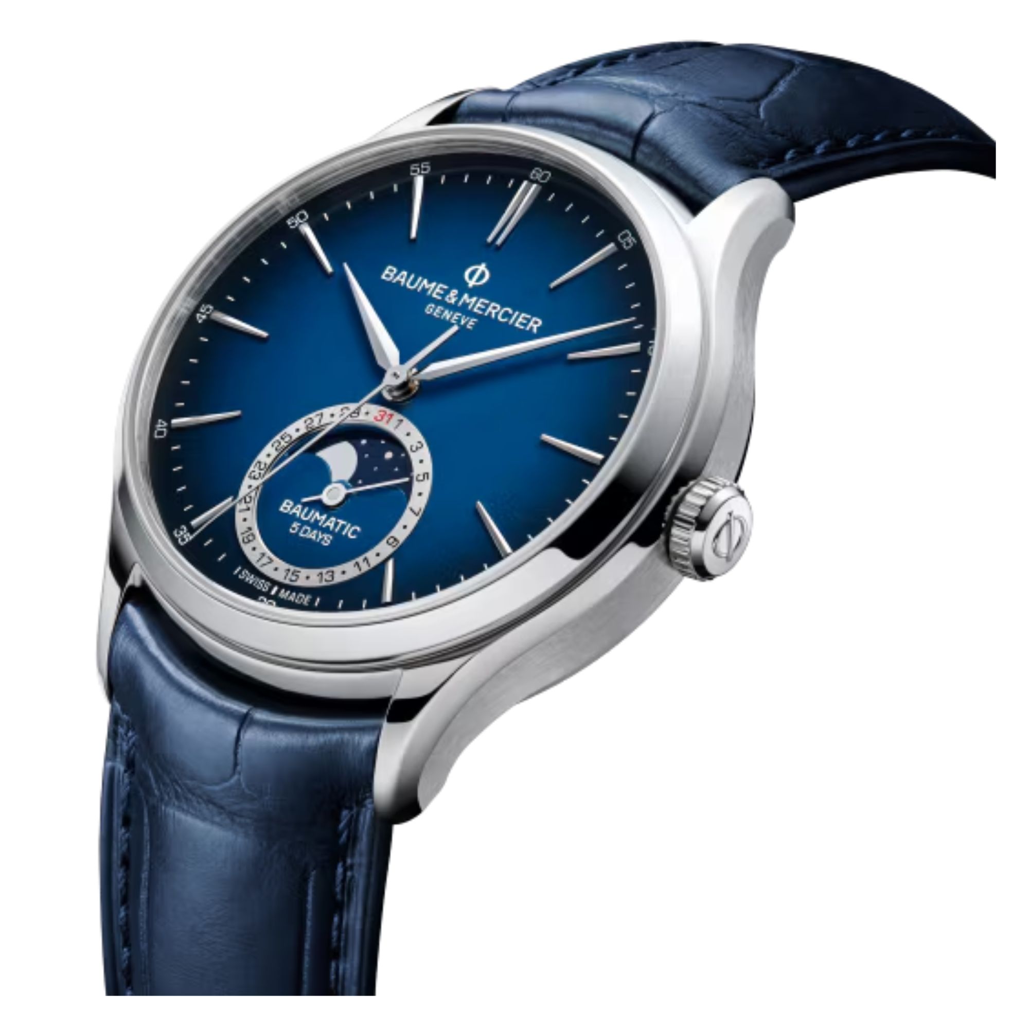 Montre Baume et Mercier Clifton Baumatic Phase de Lune automatique cadran bleu bracelet cuir bleu 39 mm