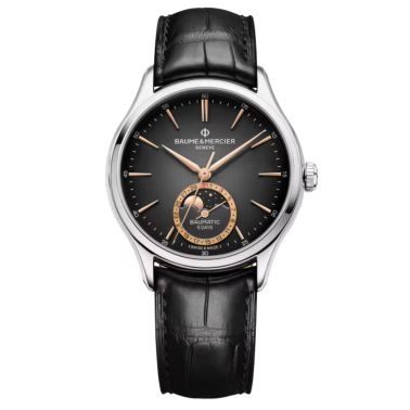 Montre Baume et Mercier Clifton Baumatic Phase de Lune automatique cadran gris bracelet cuir noir 39 mm