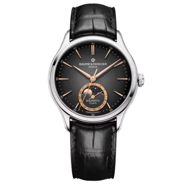 Baume et Mercier Clifton Baumatic Moonphase automatique watch gray dial black leather strap 39 mm 10758 Lepage