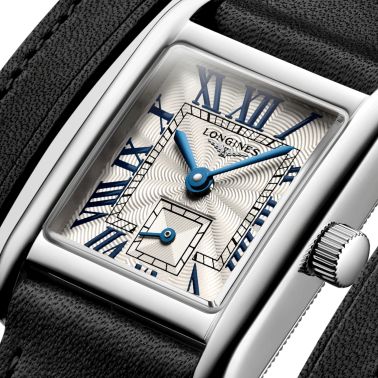 Longines Mini DolceVita quartz watch silver flinqué dial black leather strap double-tour 21,5 x 29 mm