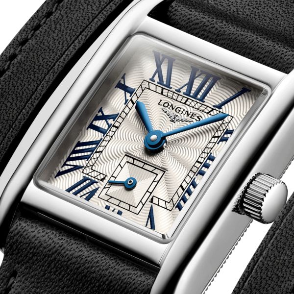 Montre Longines Mini DolceVita quartz cadran argent flinqué bracelet cuir double-tour noir 21,5 x 29 mm L5.200.0.71.0