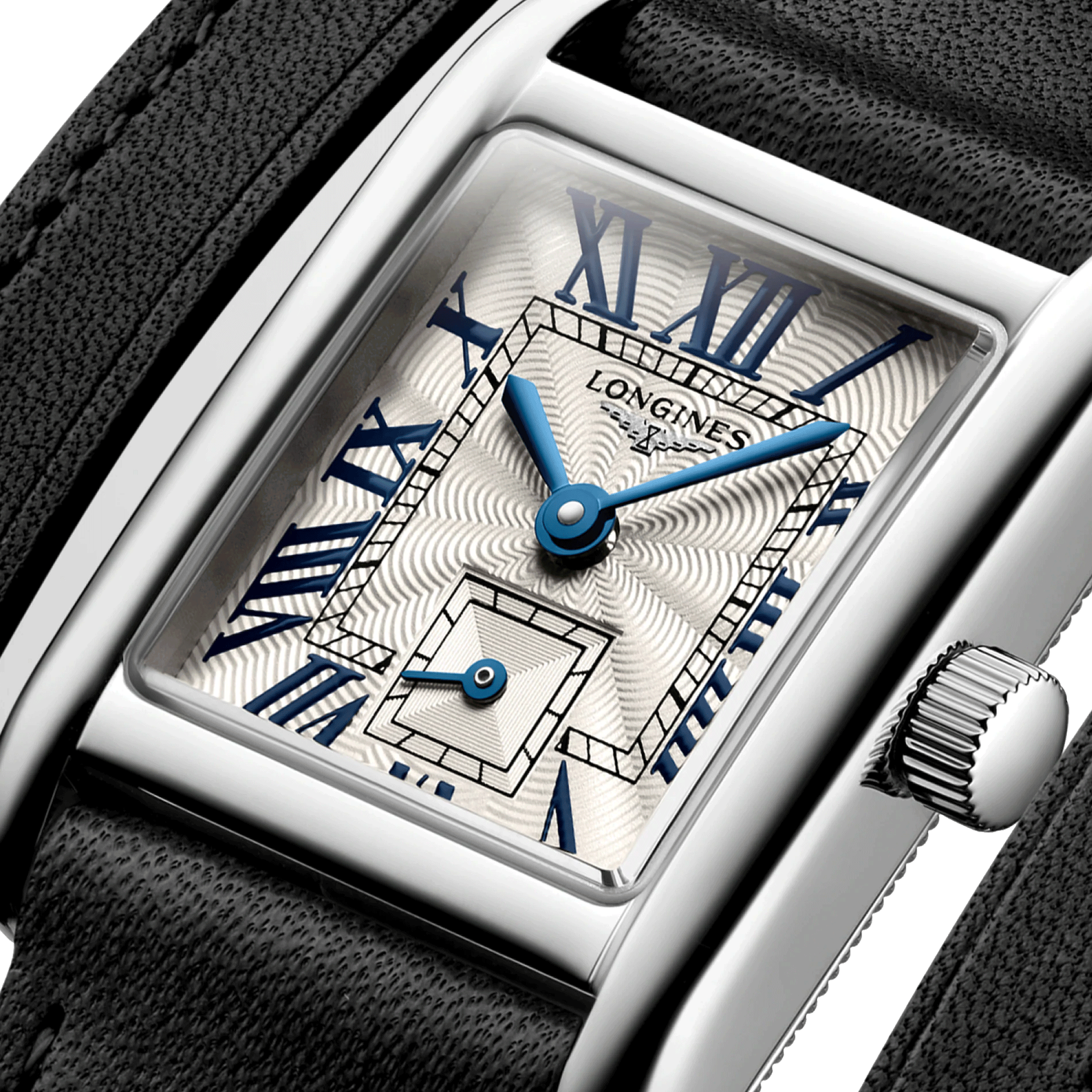 Montre Longines Mini DolceVita quartz cadran argent flinqué bracelet cuir double-tour noir 21,5 x 29 mm L5.200.0.71.0