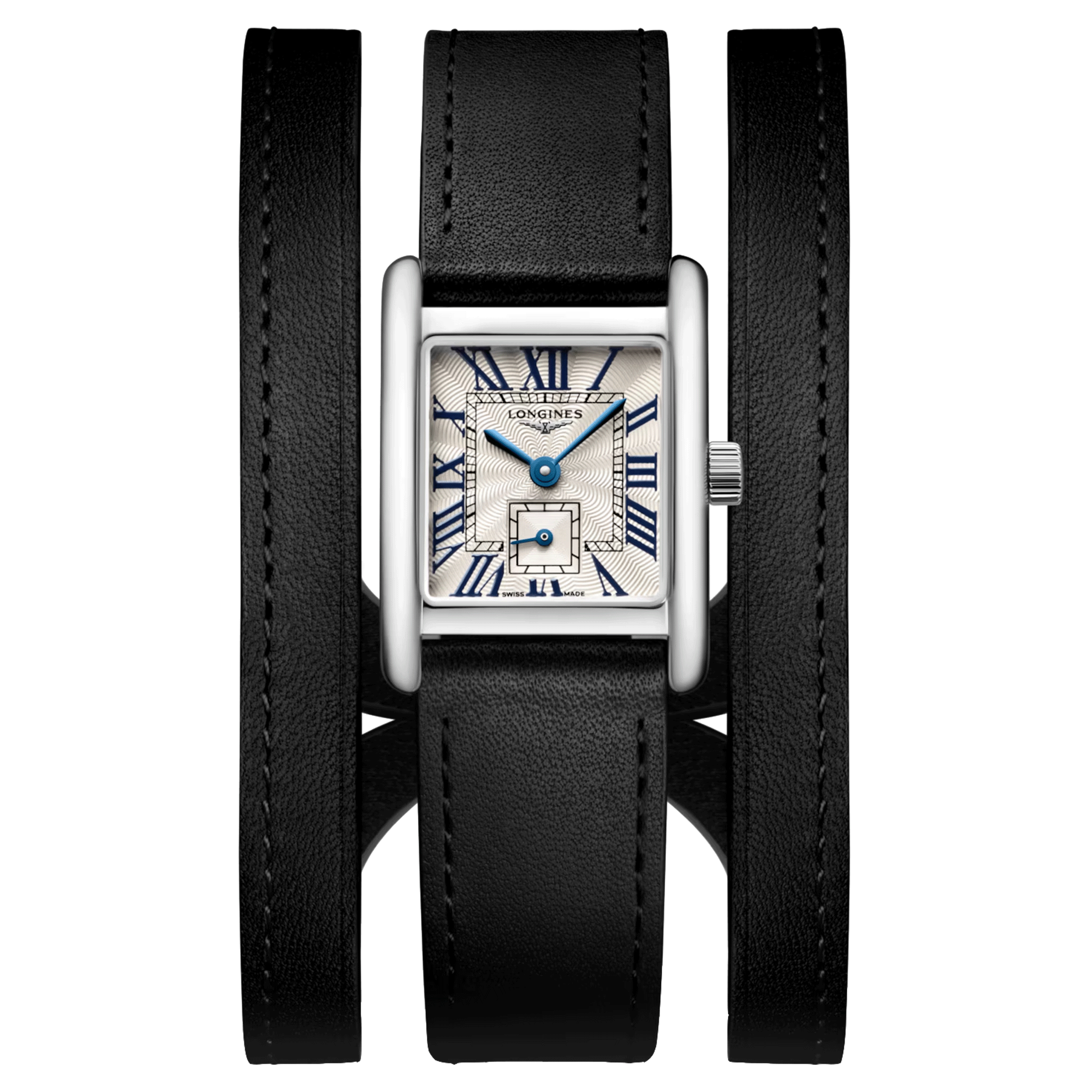 Montre Longines Mini DolceVita quartz cadran argent flinqué bracelet cuir double-tour noir 21,5 x 29 mm L5.200.0.71.0