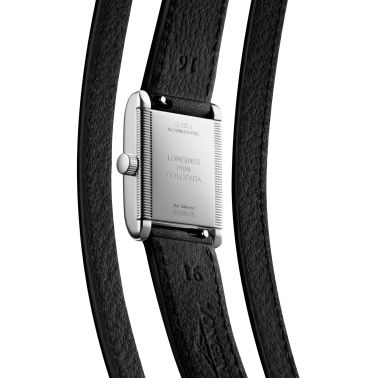 Montre Longines Mini DolceVita quartz cadran argent flinqué bracelet cuir double-tour noir 21,5 x 29 mm L5.200.0.71.0