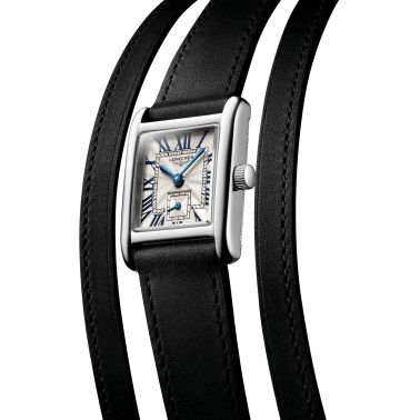 Montre Longines Mini DolceVita quartz cadran argent flinqué bracelet cuir double-tour noir 21,5 x 29 mm L5.200.0.71.0