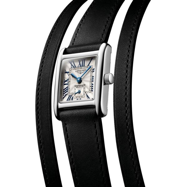 Montre Longines Mini DolceVita quartz cadran argent flinqué bracelet cuir double-tour noir 21,5 x 29 mm L5.200.0.71.0