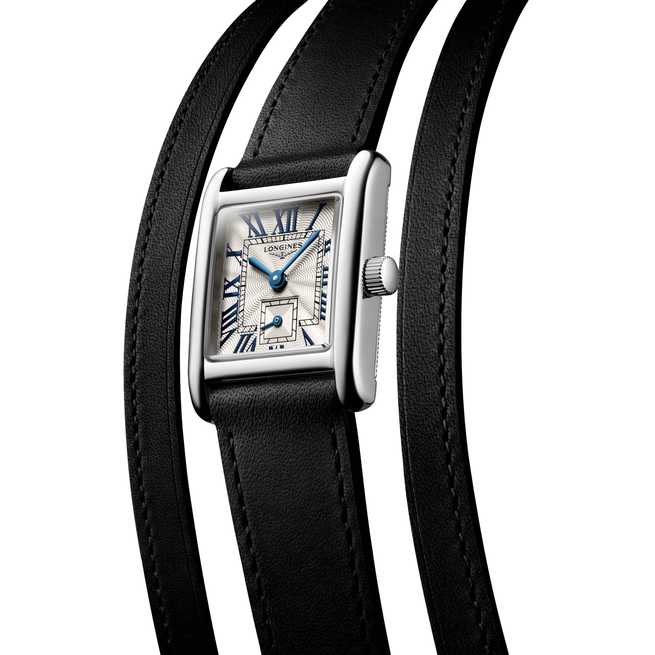 Montre Longines Mini DolceVita quartz cadran argent flinqué bracelet cuir double-tour noir 21,5 x 29 mm L5.200.0.71.0
