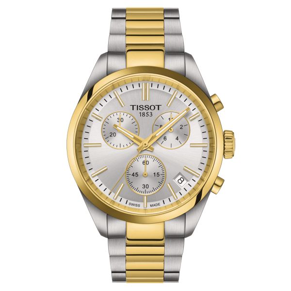 Montre Tissot T-Classic PR 100 Chronograph quartz cadran argent bracelet acier et pvd or jaune 40 mm T150.417.22.031.00