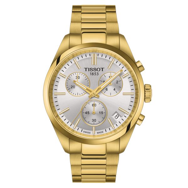 Montre Tissot T-Classic PR 100 Chronograph quartz cadran argent bracelet acier pvd or jaune 40 mm T150.417.33.031.00