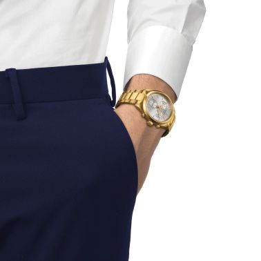 Tissot T-Classic PR 100 Chronograph quartz watch silver dial stainless steel bracelet pvd yellow gold 40 mm