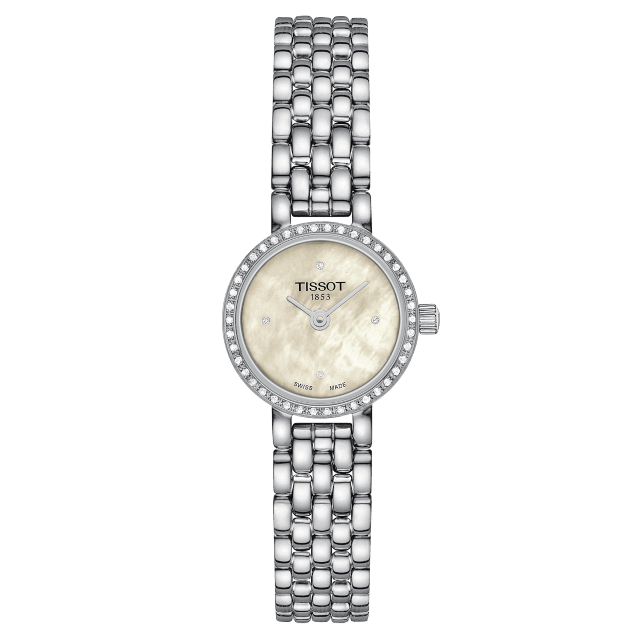 Tissot Lovely Round quartz watch bezel set with white mother-of-pearl dial stainless steel bracelet 19.5 mm T140.009.61.116.00