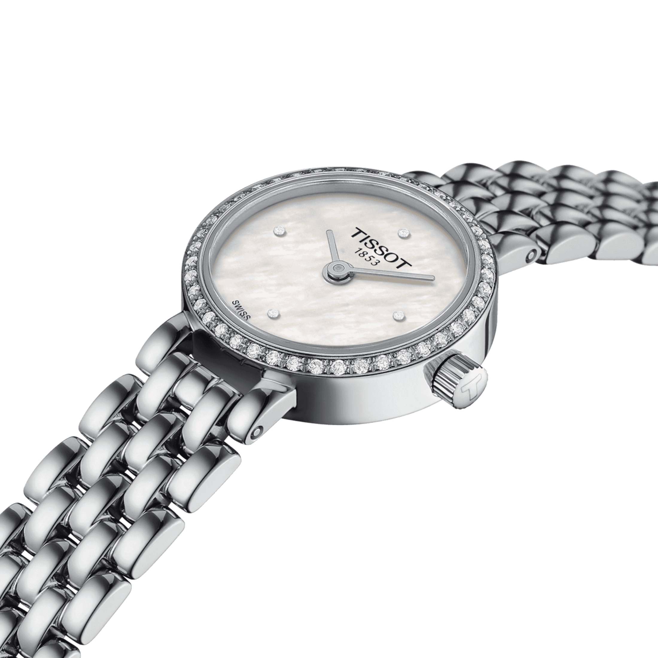 Tissot Lovely Round quartz watch bezel set with white mother-of-pearl dial stainless steel bracelet 19.5 mm T140.009.61.116.00
