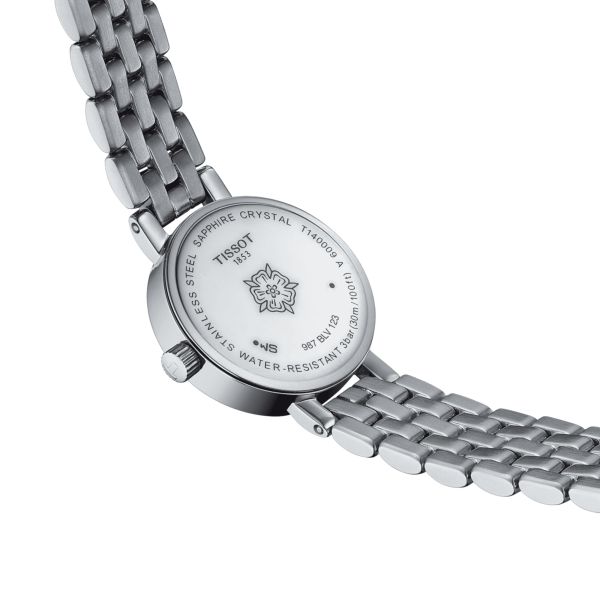 Tissot Lovely Round quartz watch bezel set with white mother-of-pearl dial stainless steel bracelet 19.5 mm T140.009.61.116.00