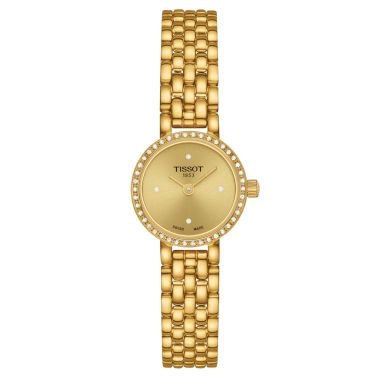 Montre Tissot Lovely Round quartz lunette sertie cadran champagne bracelet acier pvd or jaune 19,5 mm T140.009.63.026.00