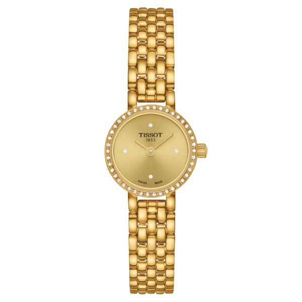 Montre Tissot Lovely Round quartz lunette sertie cadran champagne bracelet acier pvd or jaune 19,5 mm T140.009.63.026.00